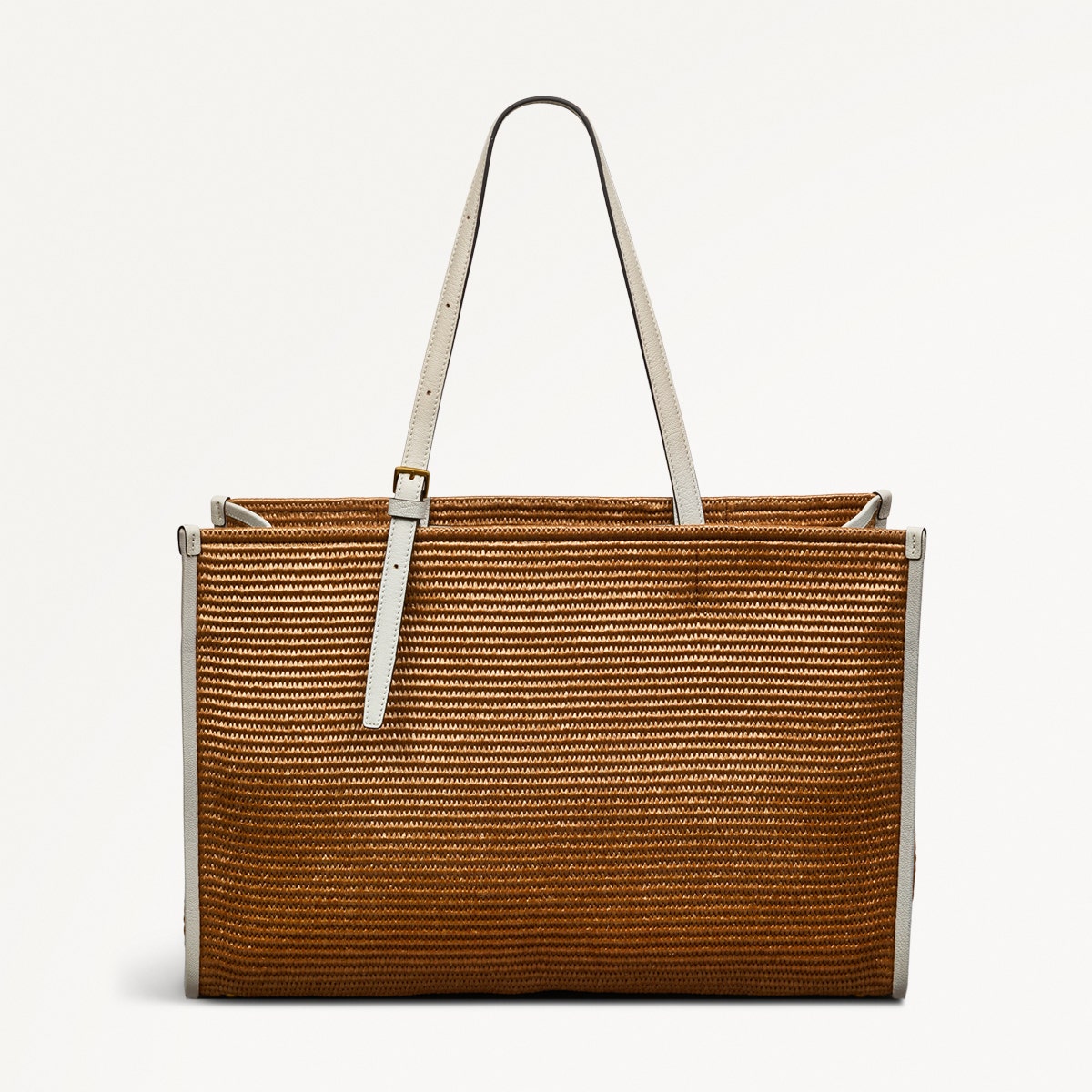 Brown woven tote bag with a white strap on a light gray background