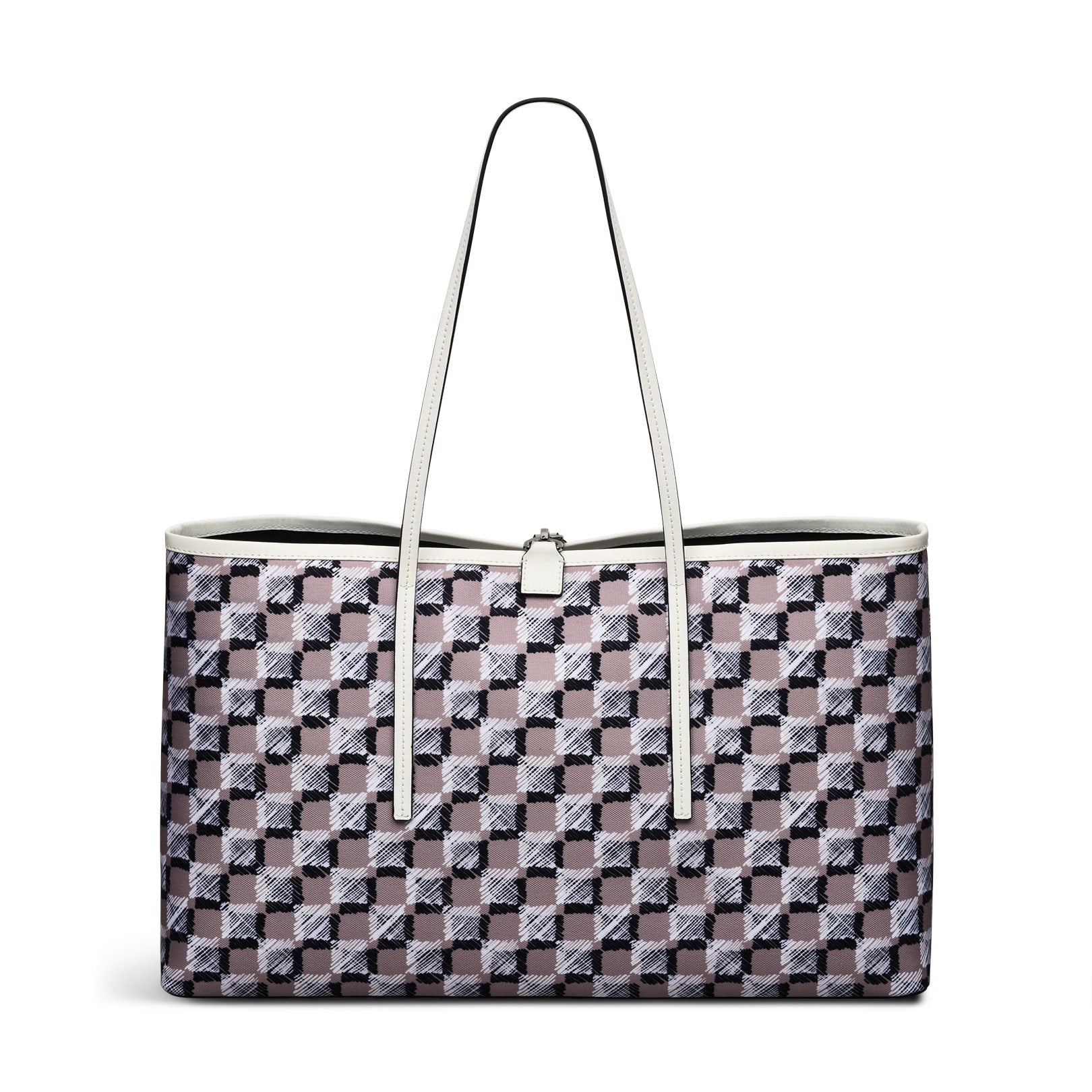 Addison Check Fabric Large Open Top Tote Bag in Latte - 111741