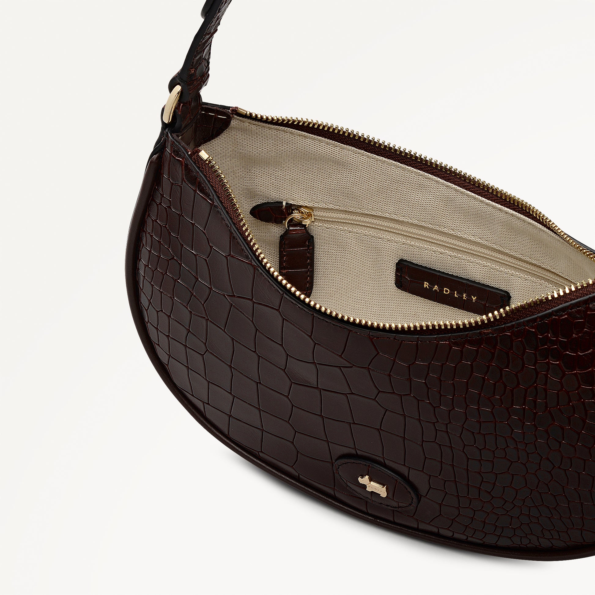 Heath Crescent Leather Small Ziptop Shoulder Bag in Dark Brown - 112611