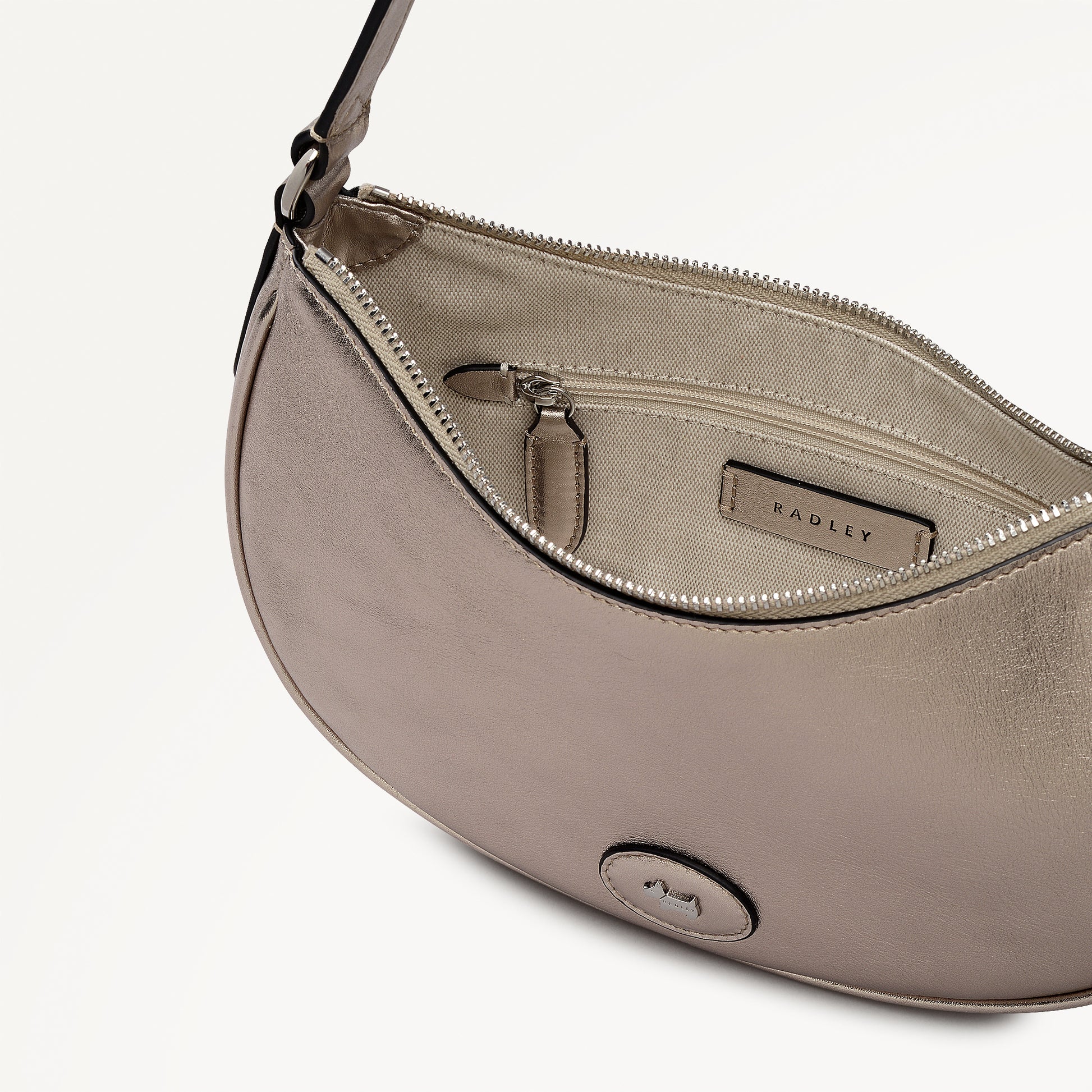 Heath Crescent Leather Small Ziptop Shoulder Bag in Pyrite - 112612