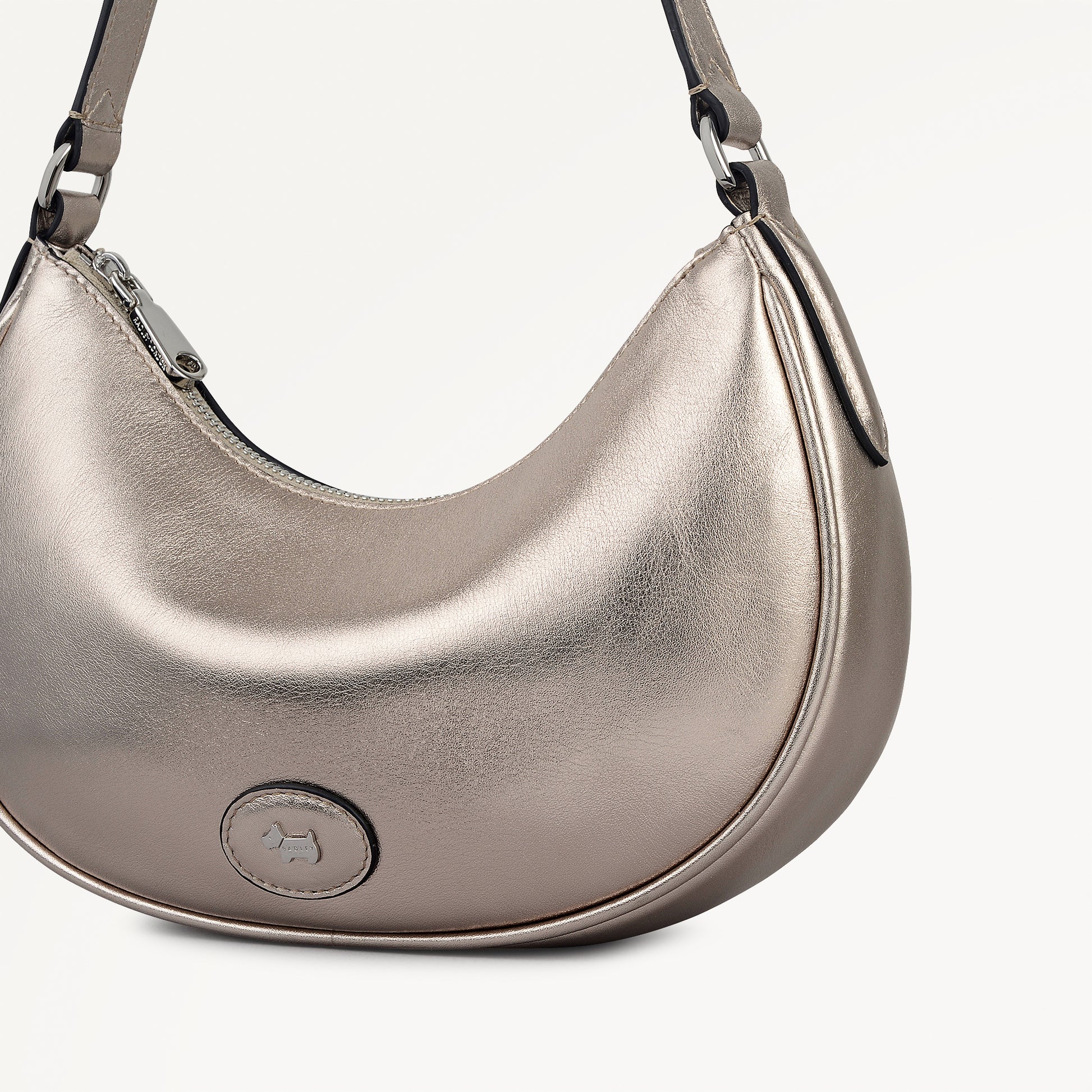 Heath Crescent Leather Small Ziptop Shoulder Bag in Pyrite - 112612