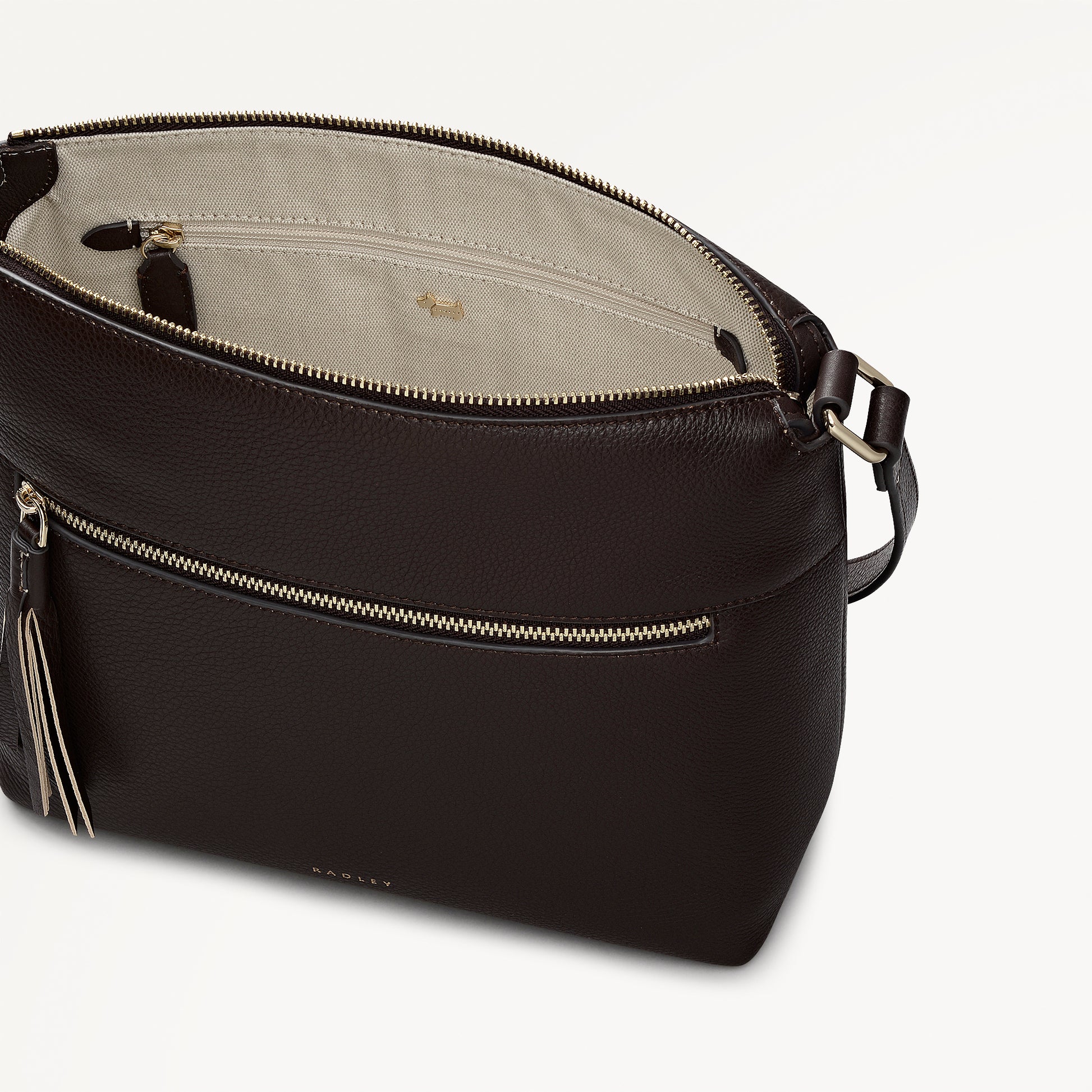 Fountain Mews Leather Small Ziptop Cross Body Bag in Dark Oak - 112615