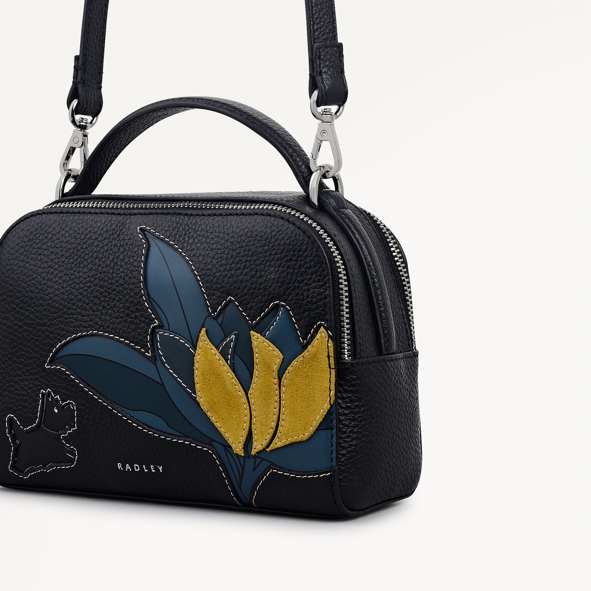 Nature Blooms Leather Small Ziptop Cross Body Bag in Black - 112766