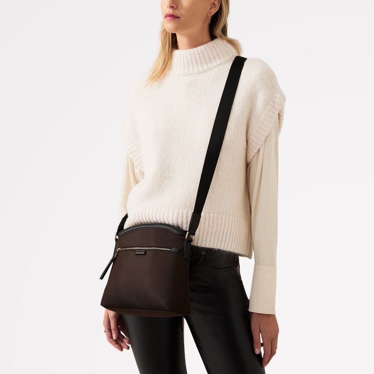 Aldwych Mews Fabric Medium Ziptop Crossbody Bag in Dark Oak - 110503