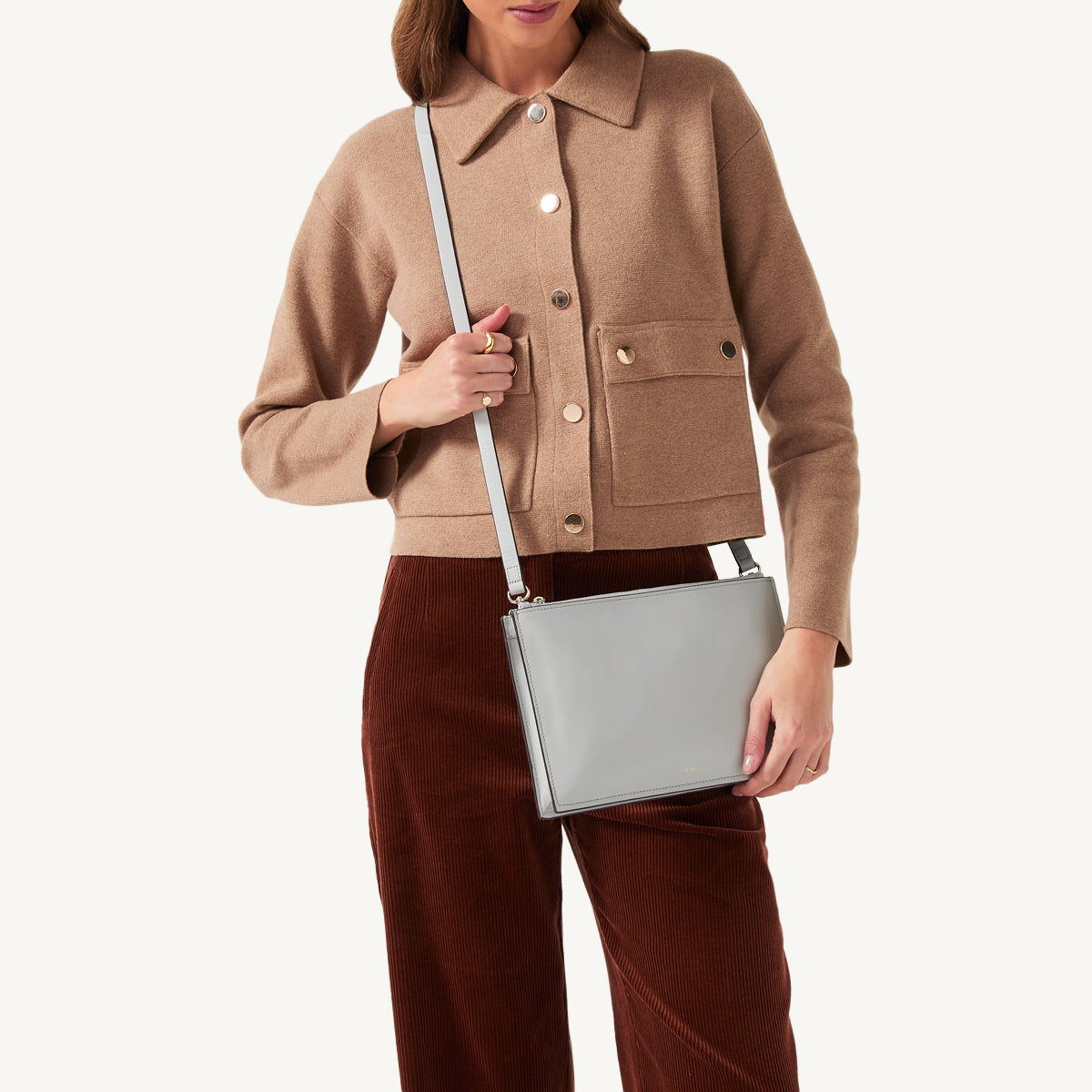 Foster Lane Leather Small Ziptop Crossbody Bag in Goose Grey - 110530
