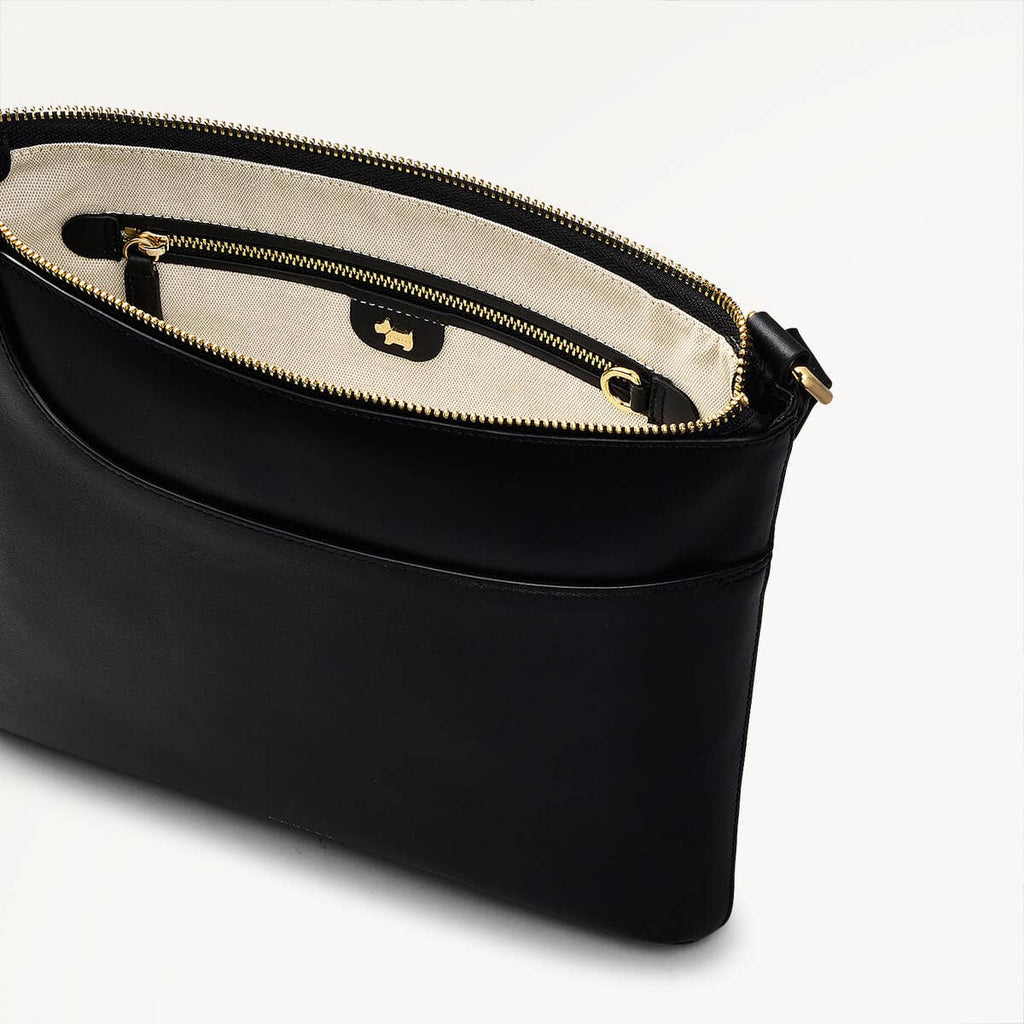Pockets Leather Large Ziptop Cross Body Bag in Black - 110620