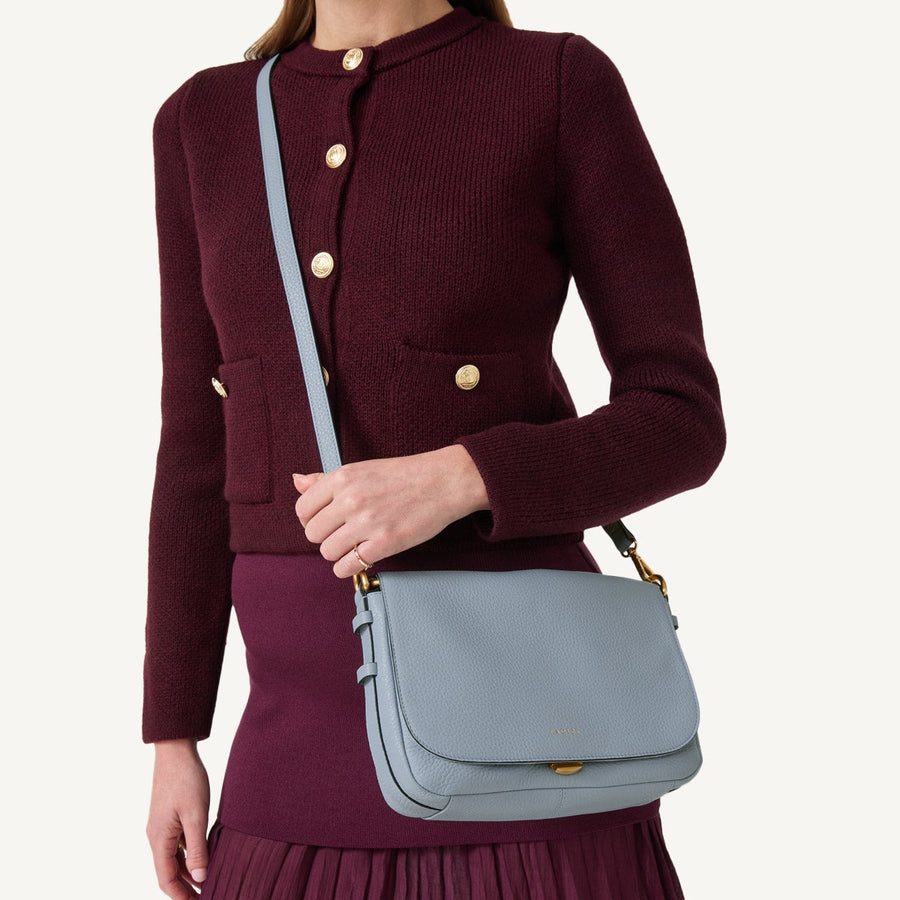 Grafton Street Leather Small Flapover Crossbody Bag in Smoke Blue - 110640