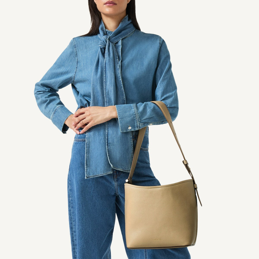 Bathurst Mews Leather Medium Ziptop Shoulder Bag in Stone - 110655