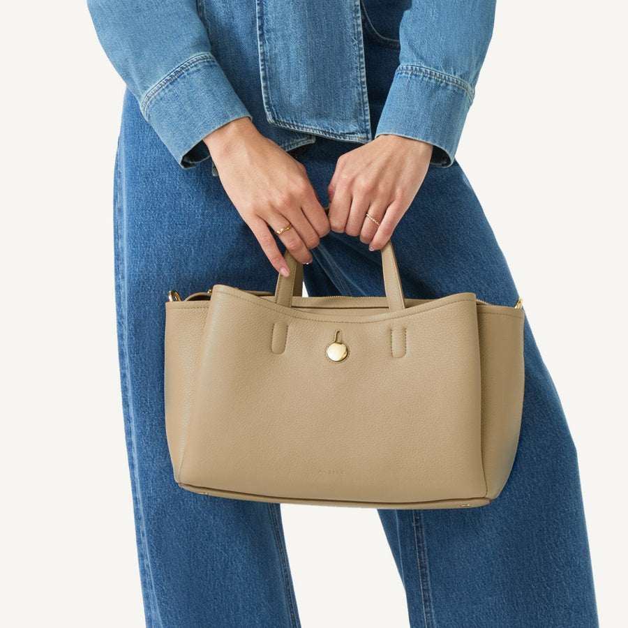 Bathurst Mews Leather Medium Ziptop Grab Bag in Stone - 110659