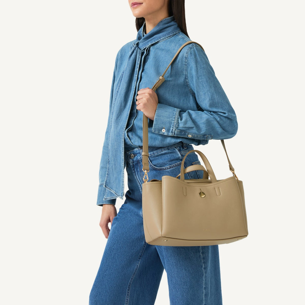 Bathurst Mews Leather Medium Ziptop Grab Bag in Stone - 110659