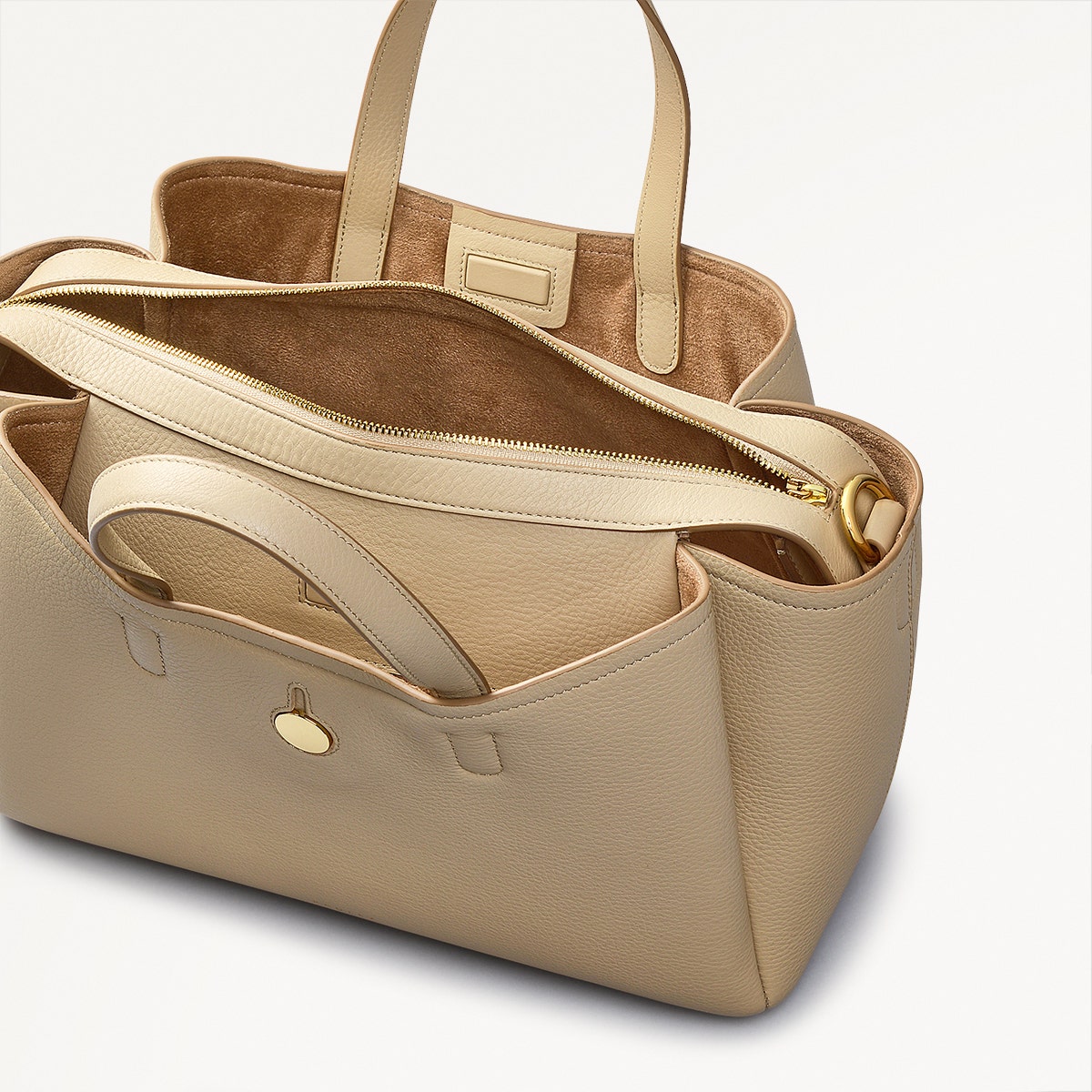Bathurst Mews Leather Medium Ziptop Grab Bag in Stone - 110659
