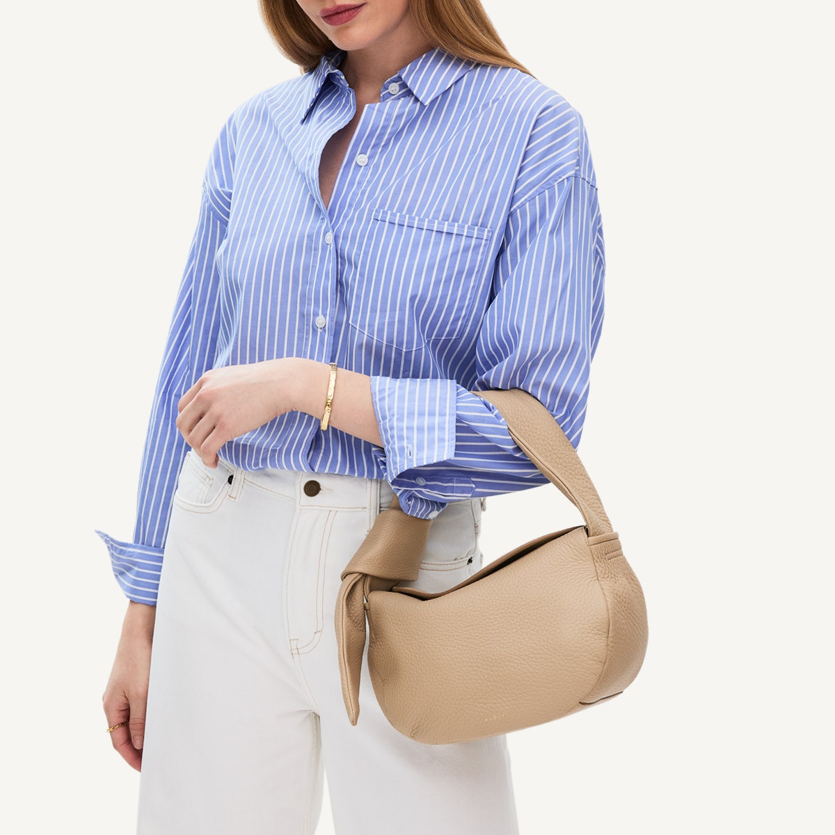 The Grove Leather Small Flapover Grab Bag in Stone - 110684
