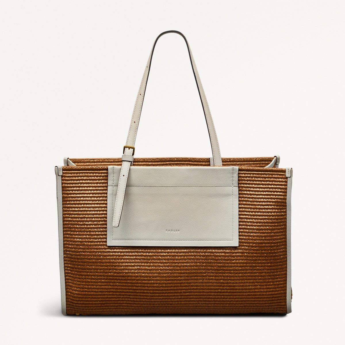 Brown and beige tote bag with a visible brand logo on a white background