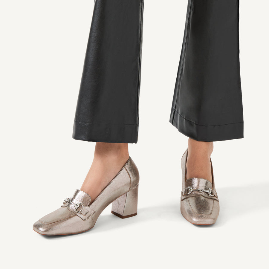 Burlington Mews Heeled Saddle Loafer In Dark Silver - 110971