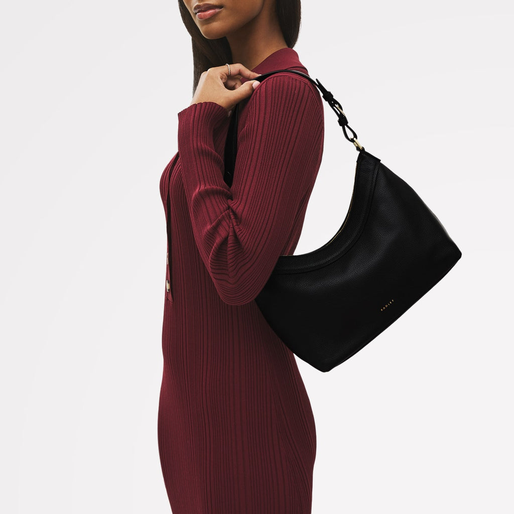 Albany Mews Leather Medium Ziptop Shoulder Bag in Black - 111254