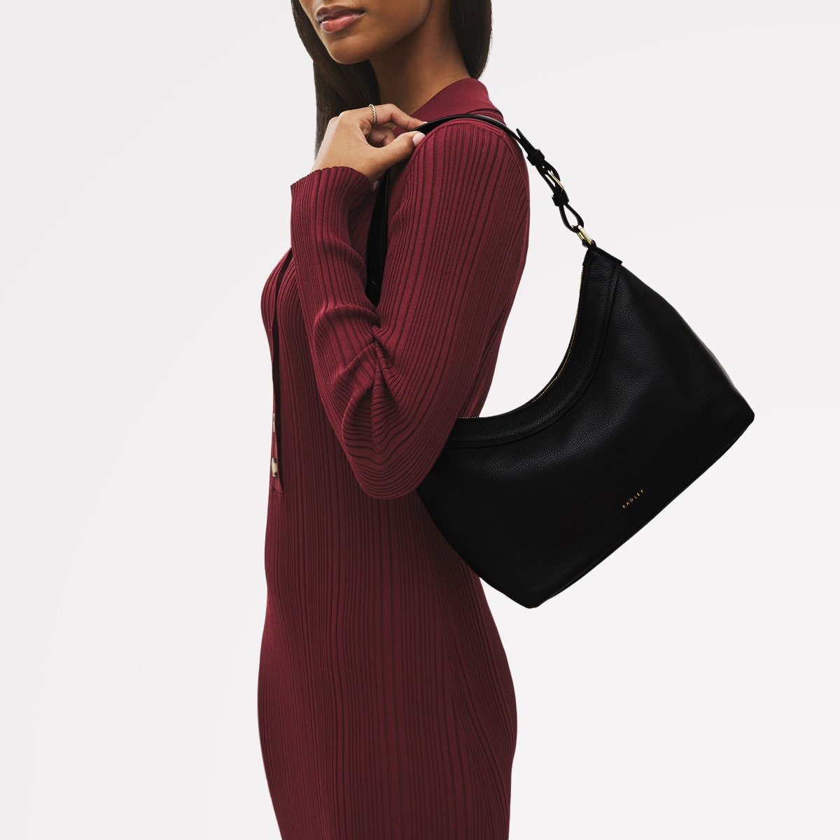 Albany Mews Leather Medium Ziptop Shoulder Bag in Black - 111254