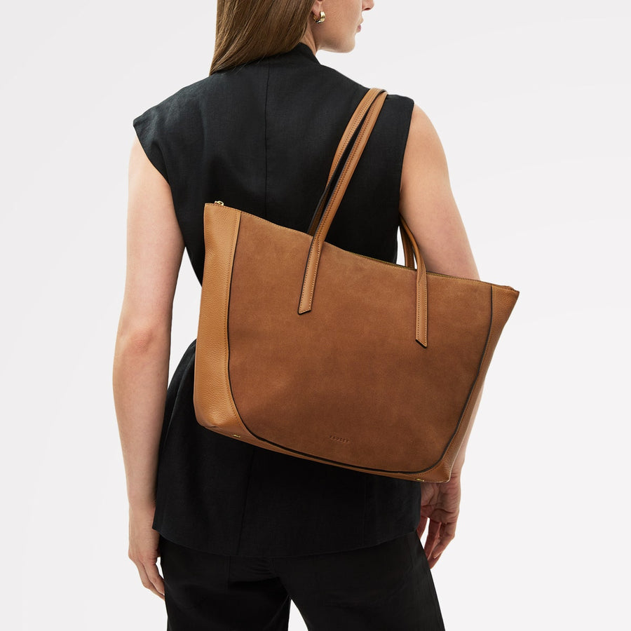 Kendal Terrace Leather Large Ziptop Tote Bag in Dark Butter - 111568