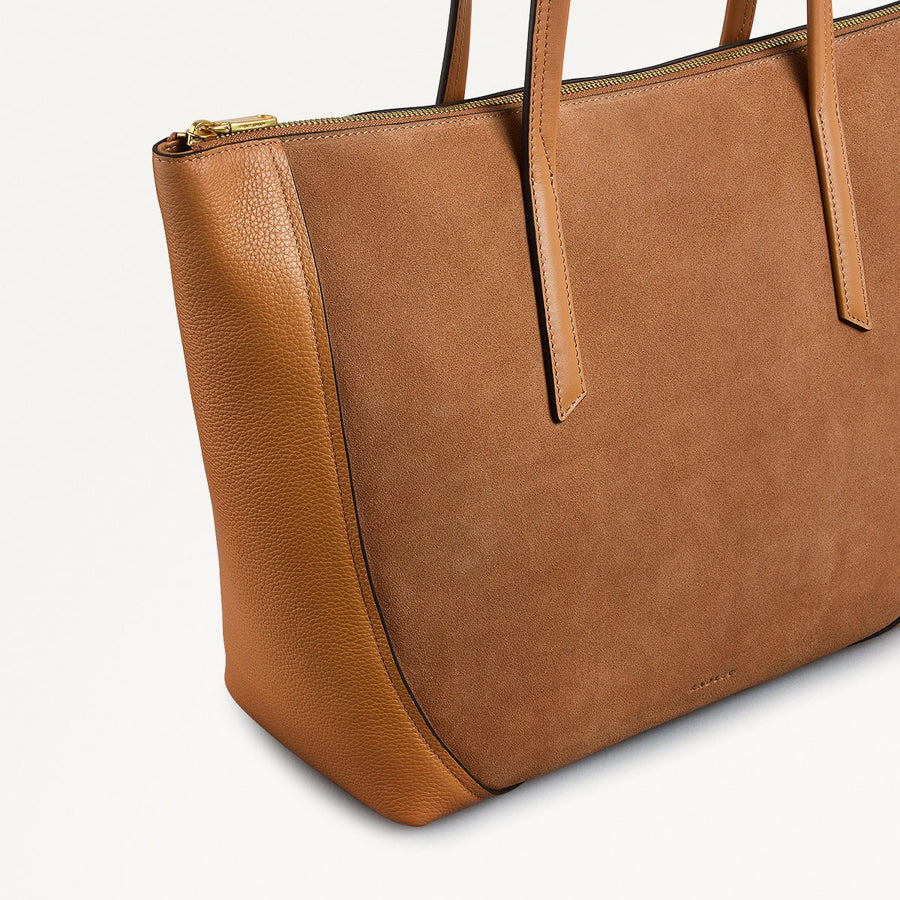 Kendal Terrace Leather Large Ziptop Tote Bag in Dark Butter - 111568