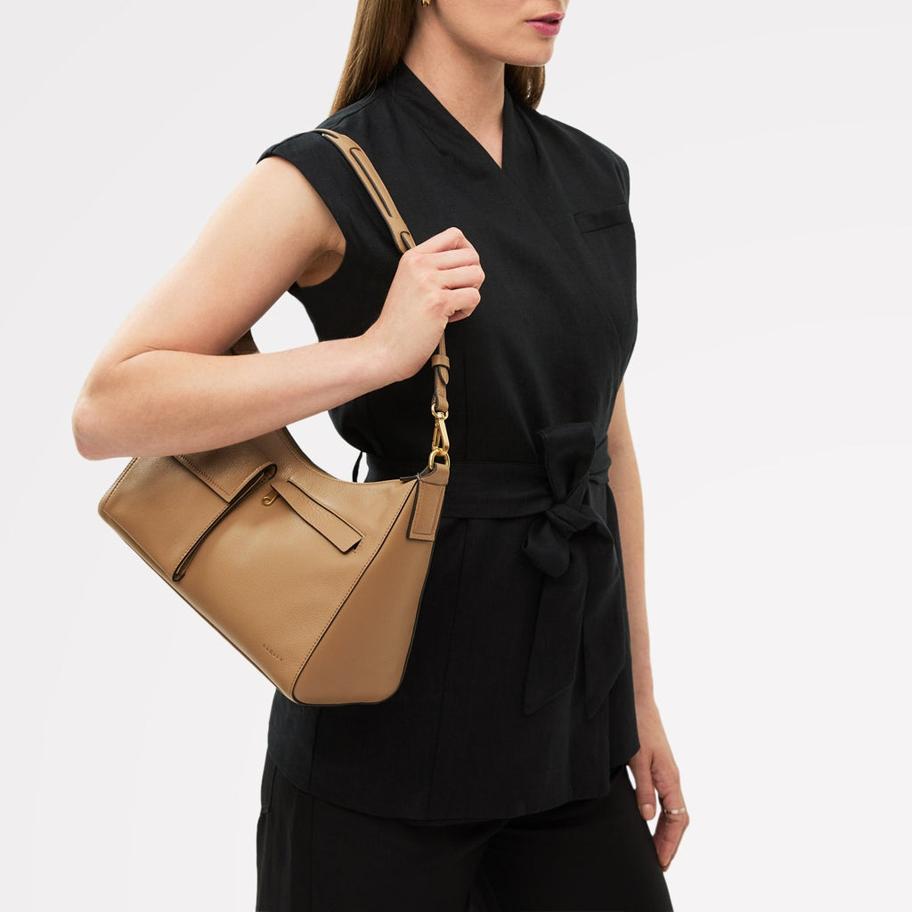 Norbury Close Fabric Medium Ziptop Shoulder Bag in Biscuit - 111616