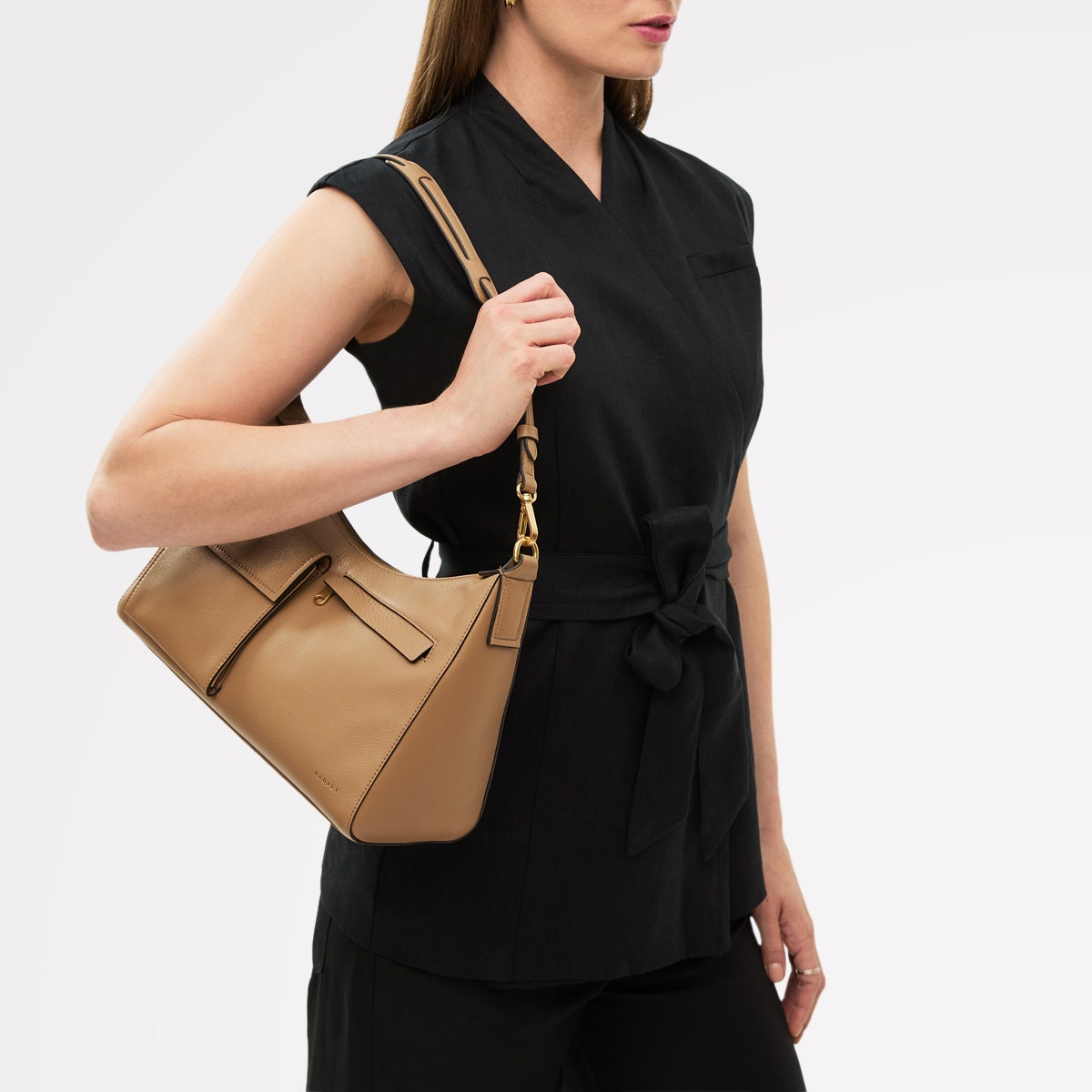 Norbury Close Fabric Medium Ziptop Shoulder Bag in Biscuit - 111616