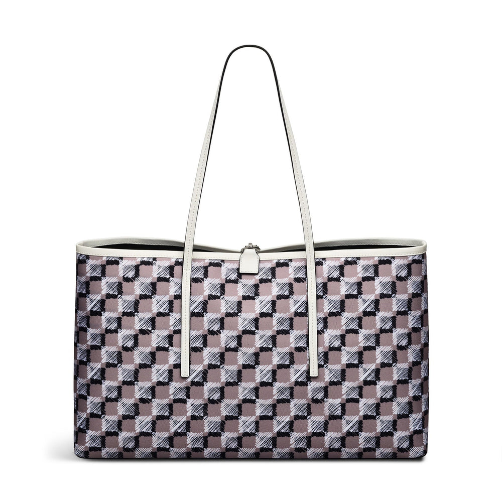 Addison Check Fabric Large Open Top Tote Bag in Latte - 111741