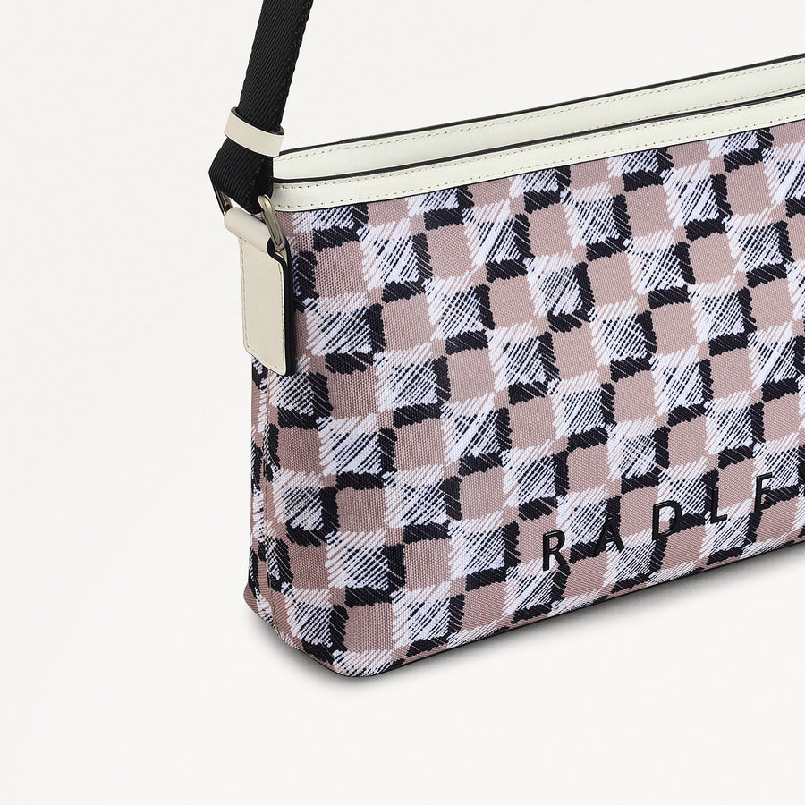 Addison Check Fabric Medium Ziptop Cross Body Bag in Latte - 111743
