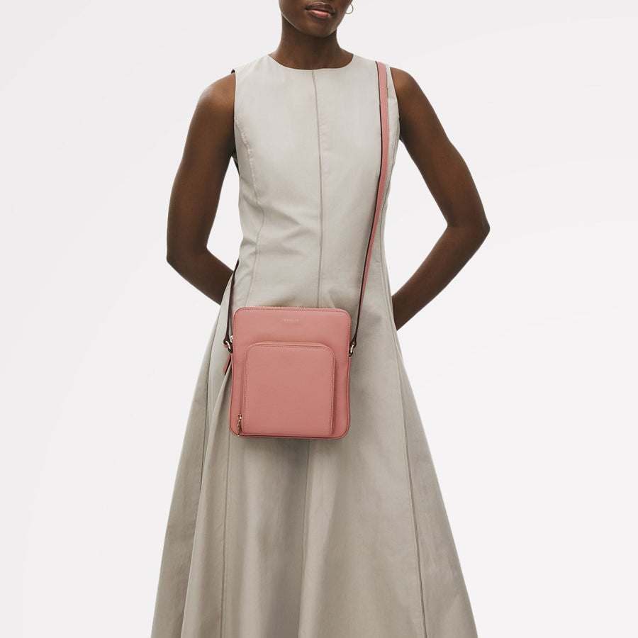 Redford Close Leather Medium Ziptop Cross Body Bag in Sienna Pink - 111841