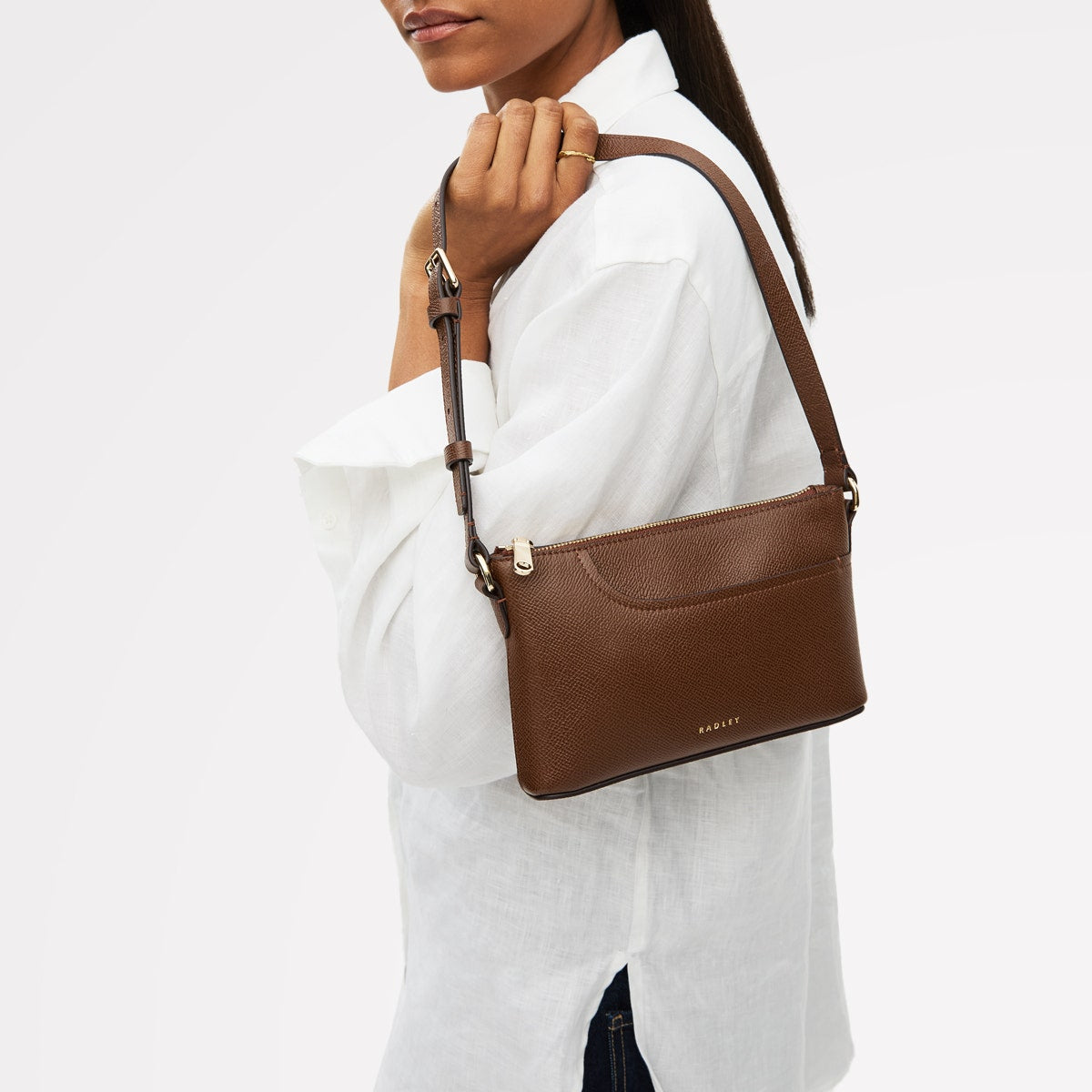 Pockets Leather Mini Ziptop Ew Shoulder Bag in Chocolate - 112140