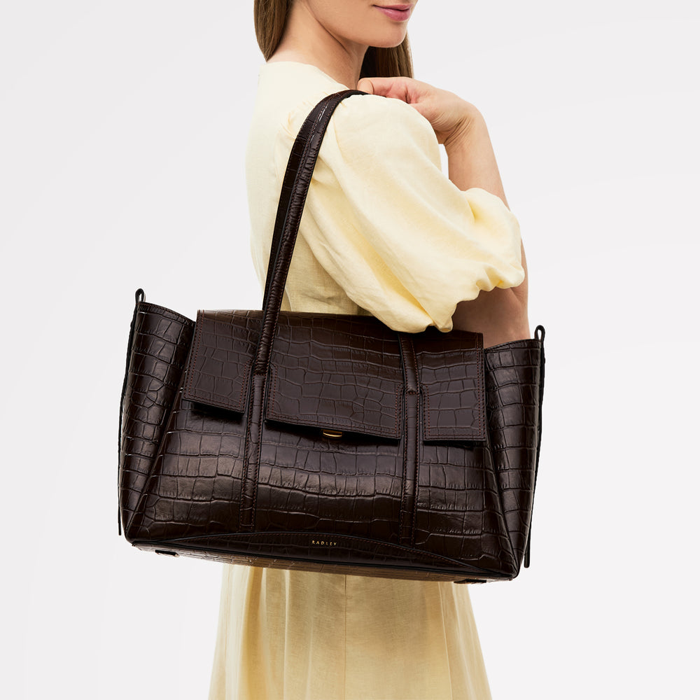The Chancery - Faux Croc Large Flapover Shoulder Dark Oak - 112166