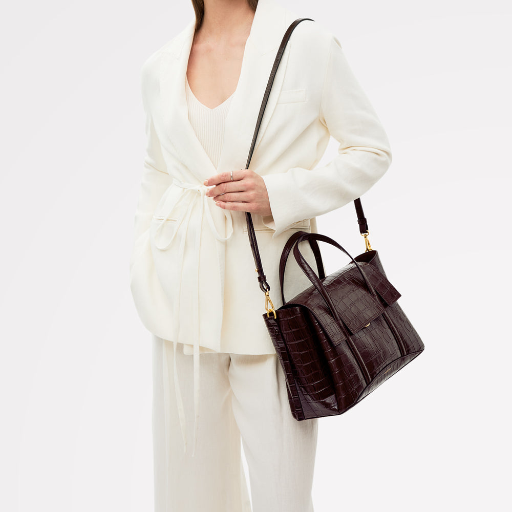 The Chancery Leather Medium Flapover Satchel Bag in Dark Oak - 112168