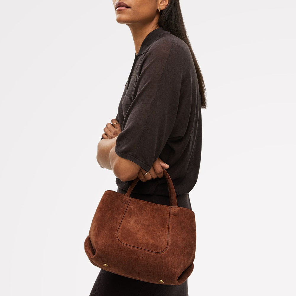 The Compton Suede Small Ziptop Grab Bag in Russet - 112201