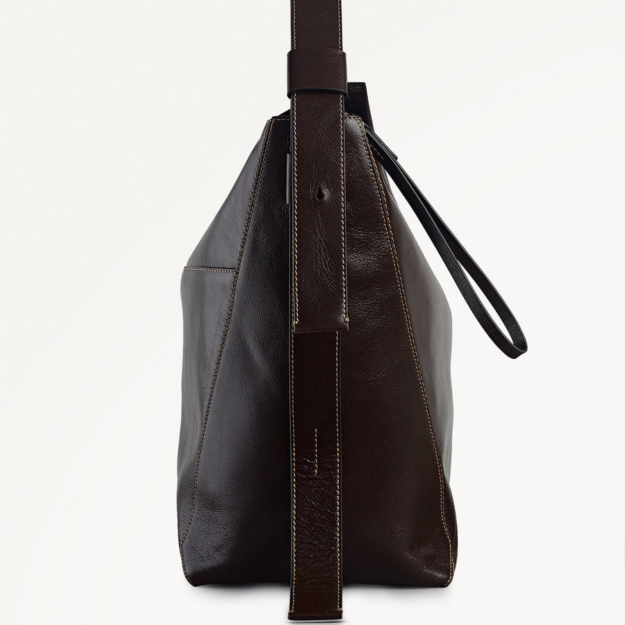 De Beauvoir Leather Large Ziptop Shoulder Bag in Dark Oak - 112261