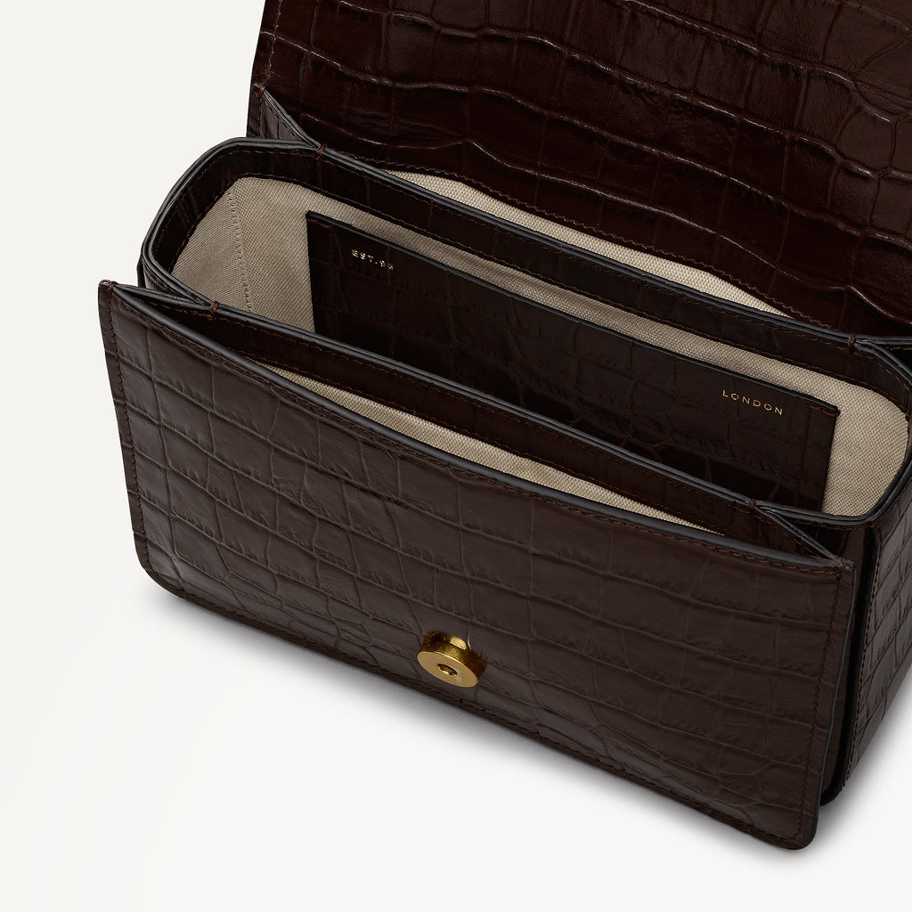 The Belsize Leather Small Flapover Shoulder Bag in Dark Oak - 112266