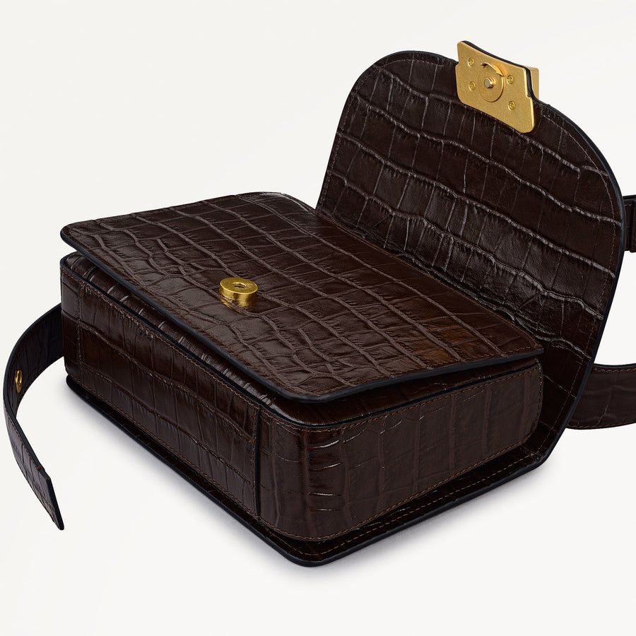 The Belsize Leather Small Flapover Shoulder Bag in Dark Oak - 112266