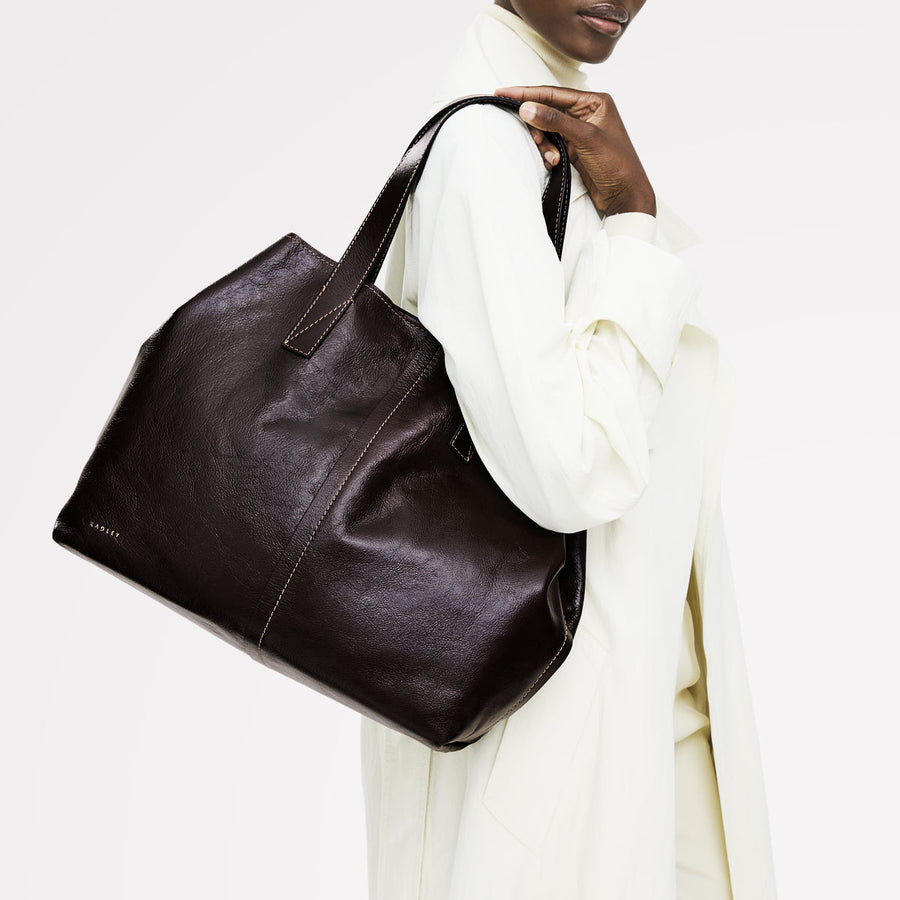 Broadway Market Leather Large Open Top Tote Bag in Dark Oak - 112280