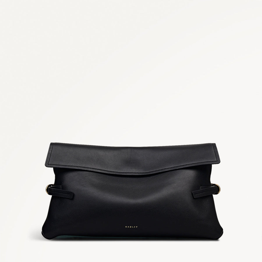Fleet Street Leather Large Flapover Clutch Bag in Black - 112284