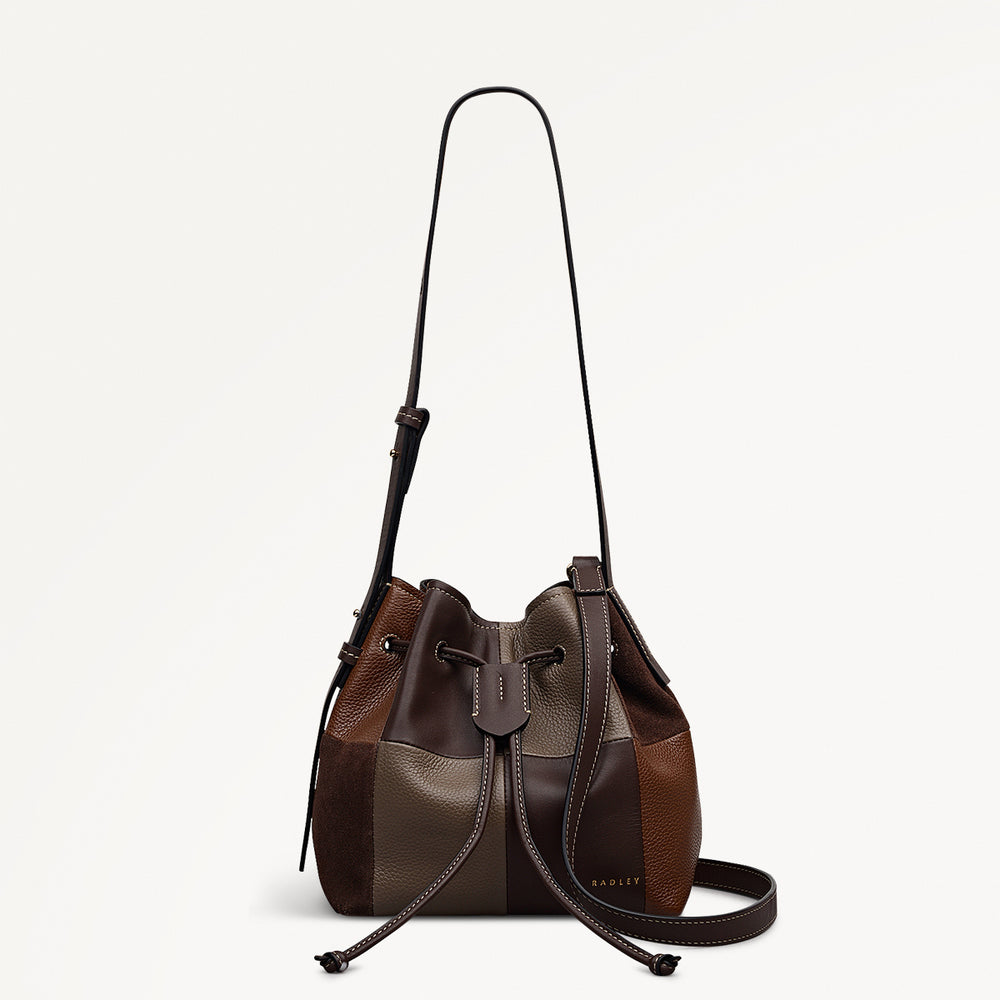YORK MEWS - PATCHWORK SMALL DRAWSTRING SHOULDER DARK OAK