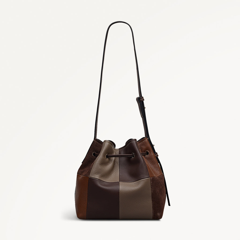 YORK MEWS - PATCHWORK SMALL DRAWSTRING SHOULDER DARK OAK
