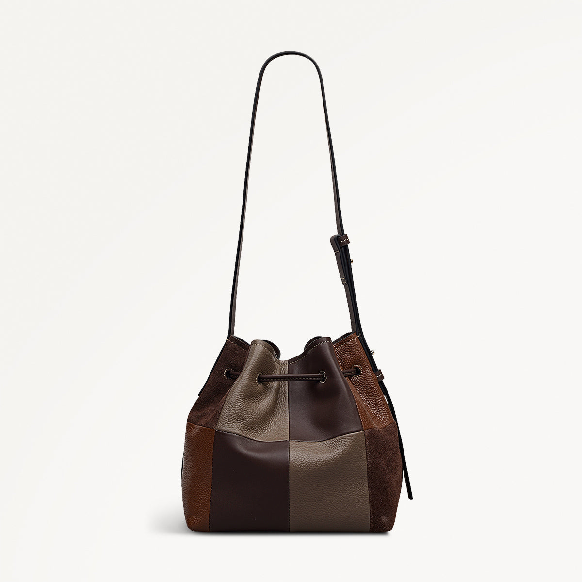 YORK MEWS - PATCHWORK SMALL DRAWSTRING SHOULDER DARK OAK