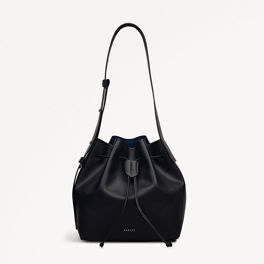 York Mews Leather Medium Drawstring Shoulder Bag in Black - 112360