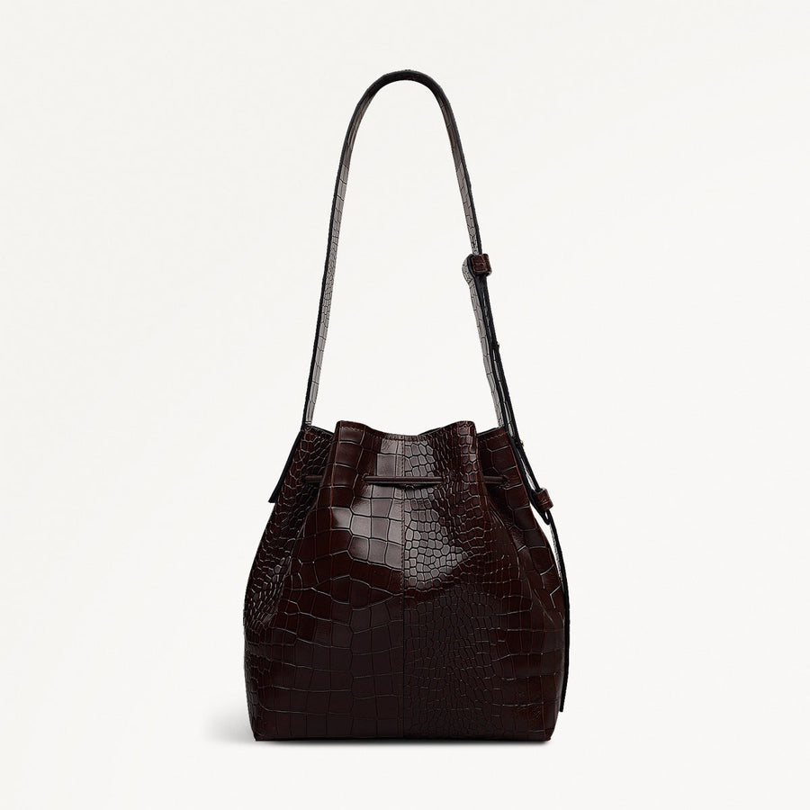 York Mews Leather Medium Drawstring Shoulder Bag in Dark Oak - 112361