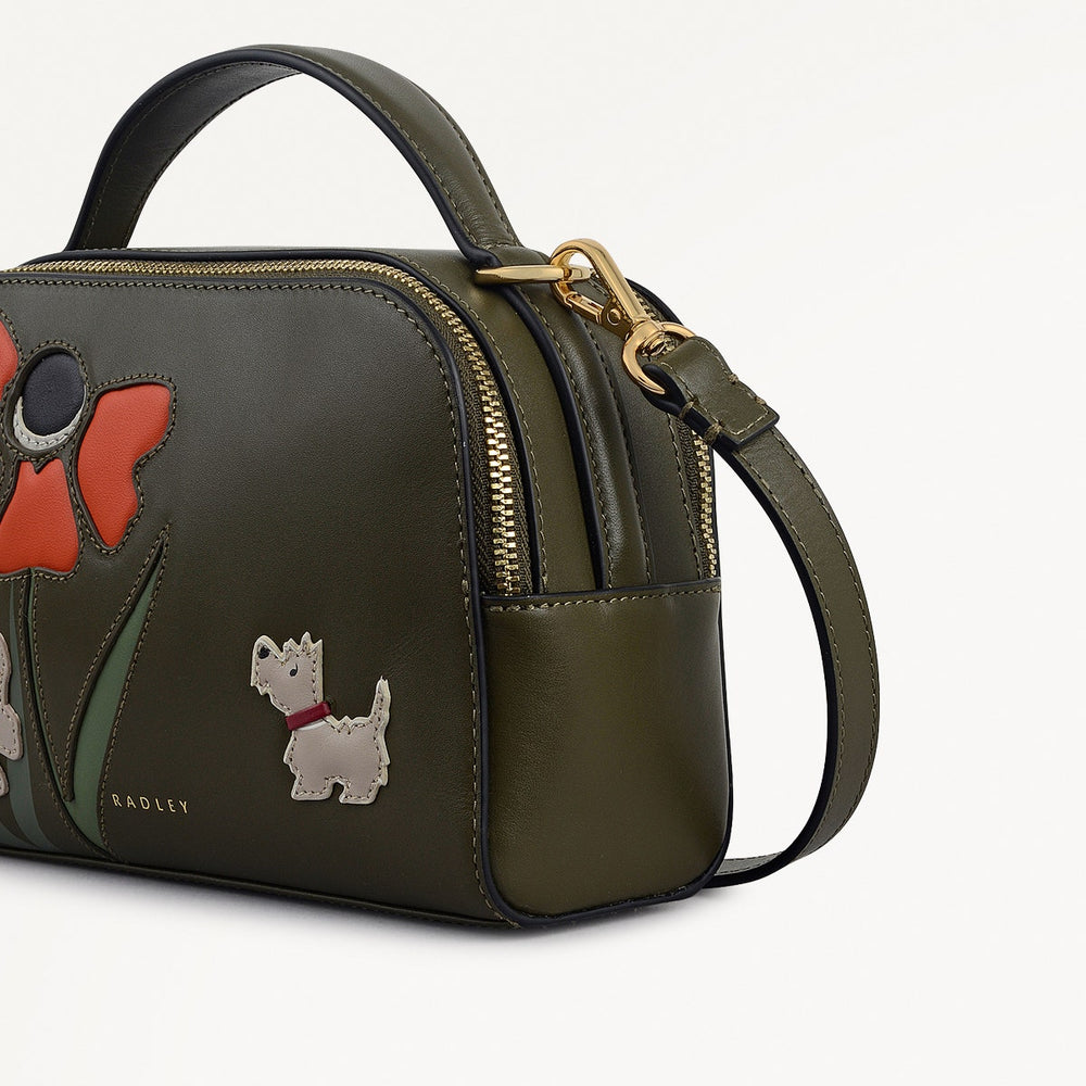 Floribunda Leather Small Ziptop Cross Body Bag in Pine Needle - 112403