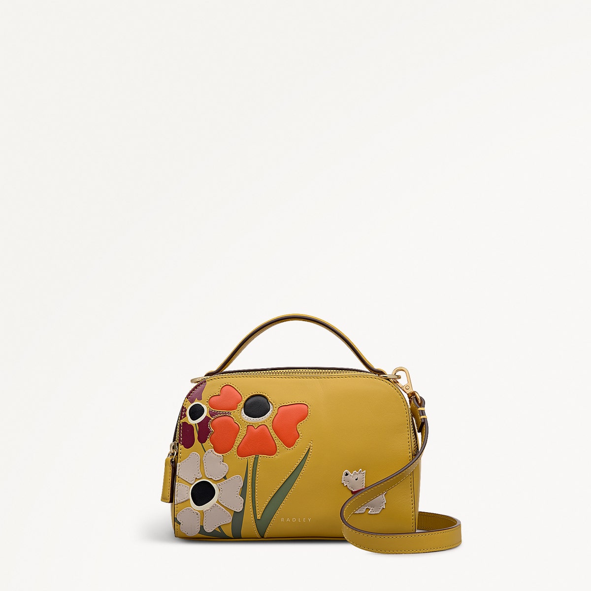 Floribunda Leather Small Ziptop Cross Body Bag in Ochre - 112404