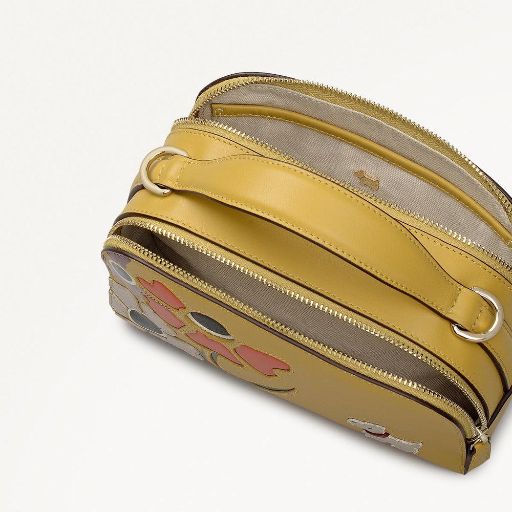 Floribunda Leather Small Ziptop Cross Body Bag in Ochre - 112404