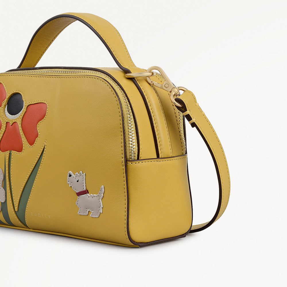 Floribunda Leather Small Ziptop Cross Body Bag in Ochre - 112404