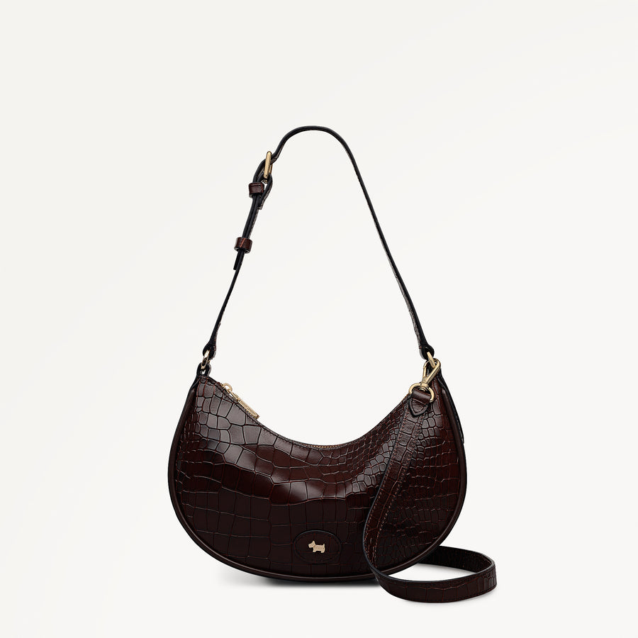 Heath Crescent Leather Small Ziptop Shoulder Bag in Dark Brown - 112611