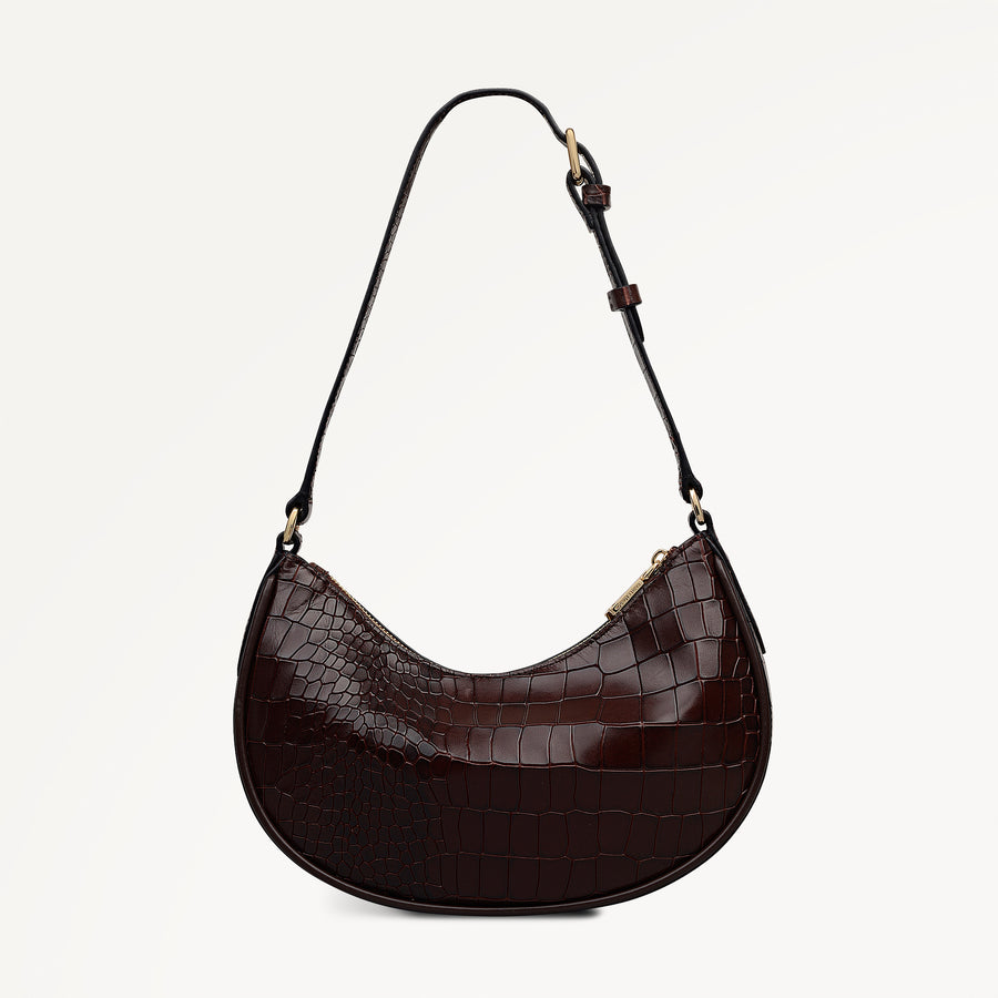 Heath Crescent Leather Small Ziptop Shoulder Bag in Dark Brown - 112611