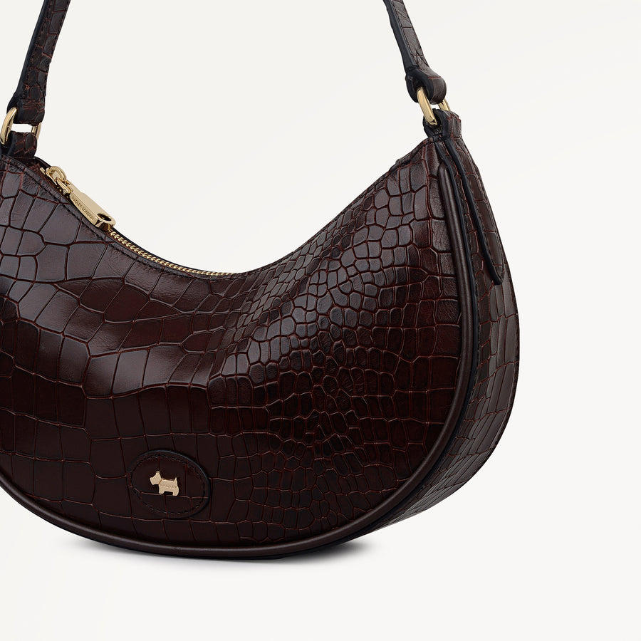 Heath Crescent Leather Small Ziptop Shoulder Bag in Dark Brown - 112611