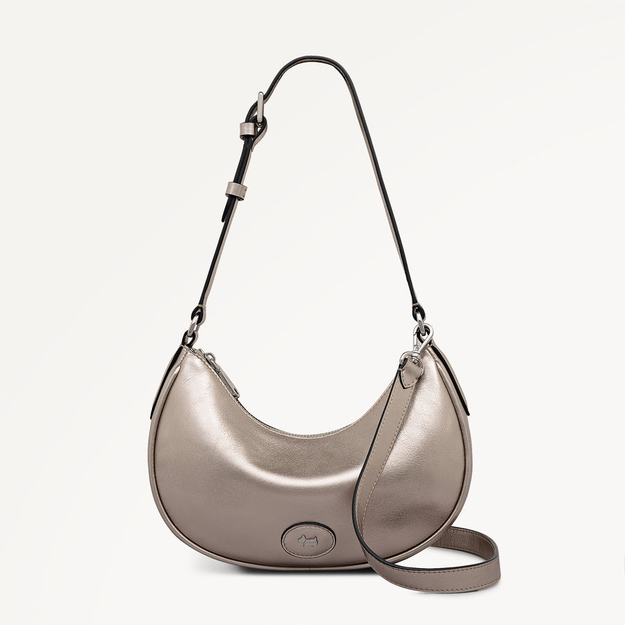 Heath Crescent Leather Small Ziptop Shoulder Bag in Pyrite - 112612
