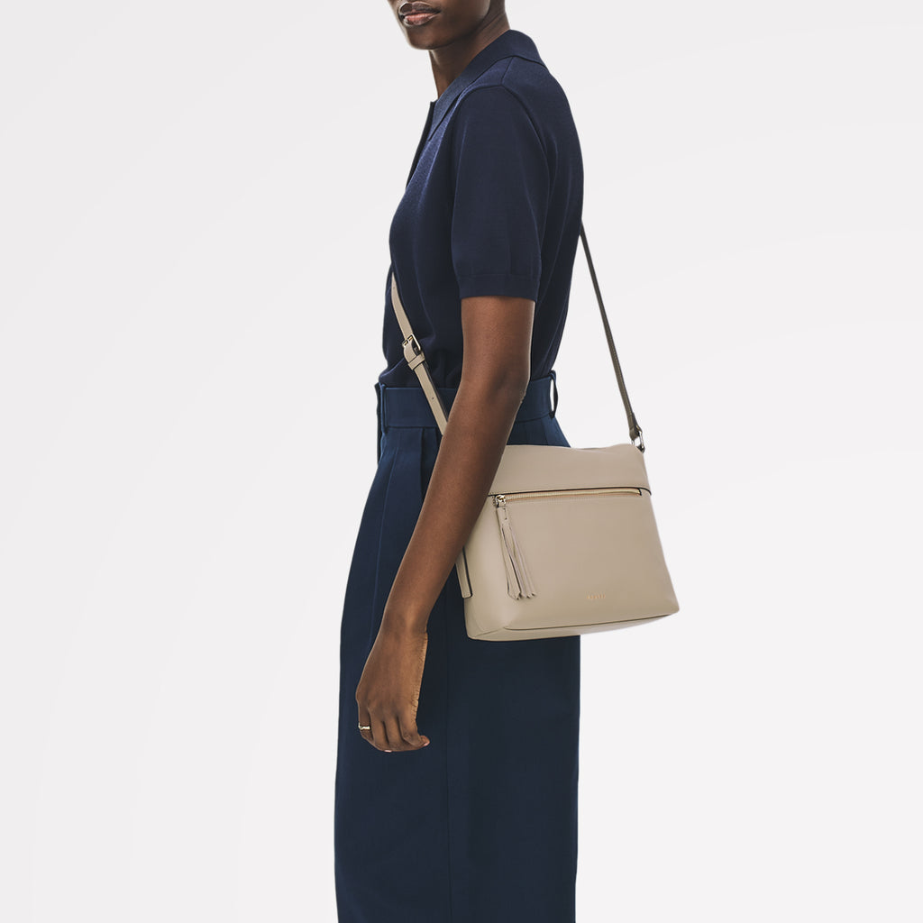 Fountain Mews Leather Small Ziptop Cross Body Bag in Porcini - 112616